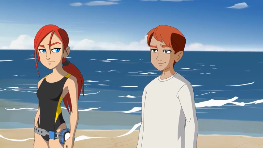 beach blazing_team:masters_of_yo_kwon_do blue_eyes charles hasbro maddie_stone one-piece_swimsuit red_hair redhead screencap swimsuit