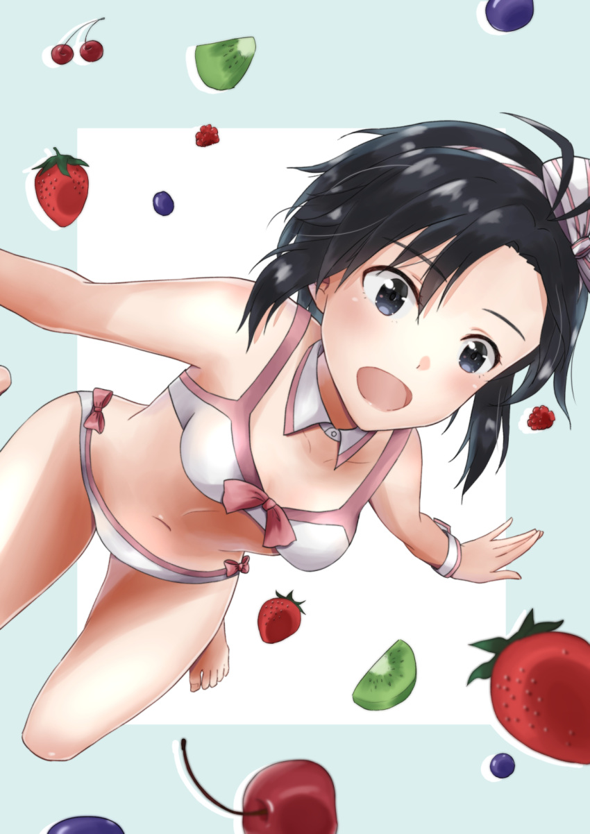 1girl :d barefoot bikini black_eyes black_hair bow breasts collarbone detached_collar eyebrows_visible_through_hair hair_between_eyes hair_bow hairband highres idolmaster idolmaster_(classic) kikuchi_makoto leg_up mogskg navel open_mouth outstretched_arms red_bow shiny shiny_hair short_hair small_breasts smile solo striped striped_bow swimsuit white_bikini wing_collar wrist_cuffs