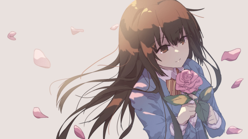 1girl bangs blue_jacket bow brown_background brown_bow brown_eyes brown_hair closed_mouth collared_shirt commentary_request diagonal_stripes eyebrows_visible_through_hair flower hair_between_eyes highres holding holding_flower houzuki_satowa jacket kono_oto_tomare! long_hair long_sleeves looking_away mo_(pixiv9929995) petals pink_flower pink_rose rose shirt simple_background smile solo striped striped_bow upper_body very_long_hair white_shirt