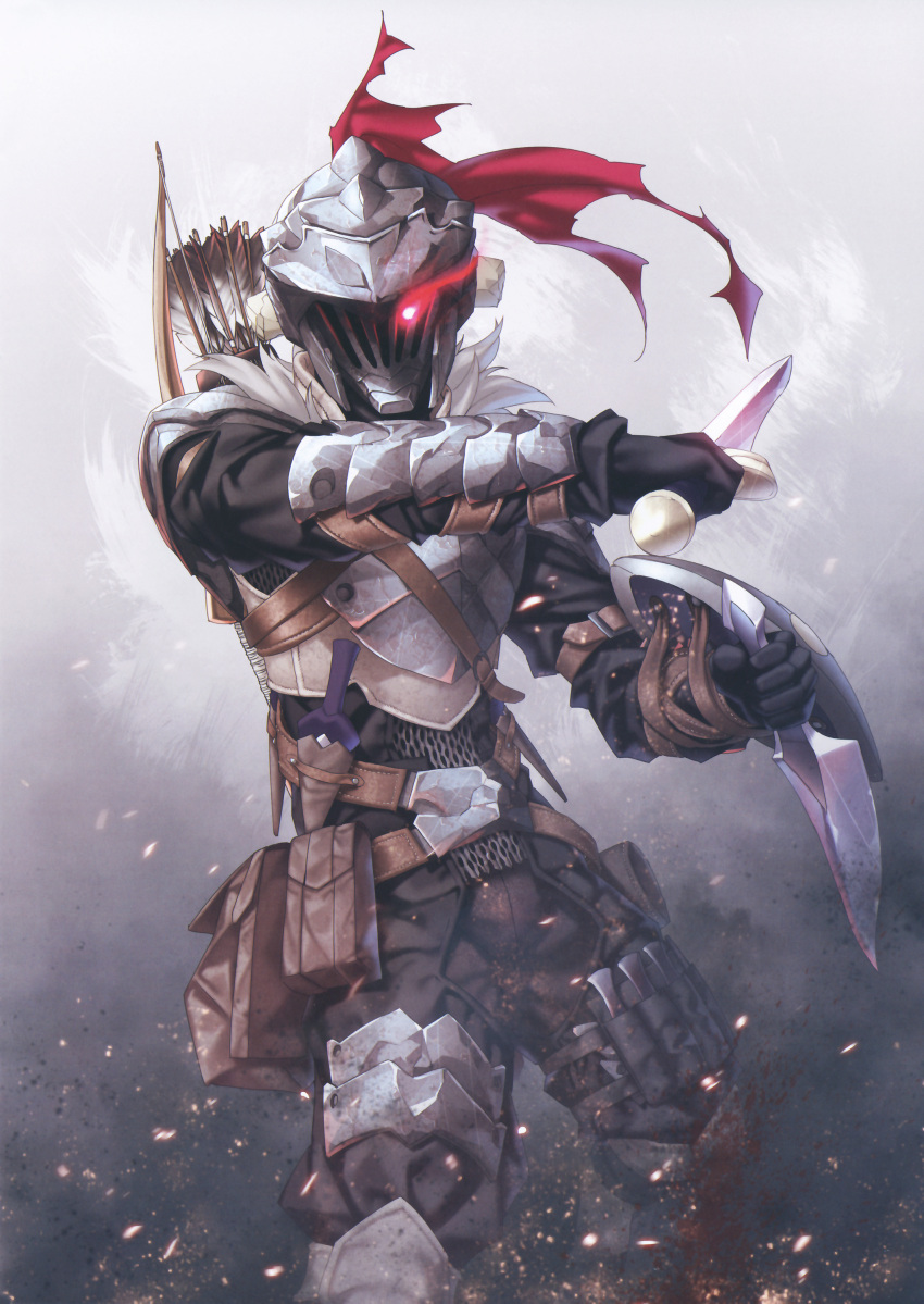 1boy absurdres armor arrow bow_(weapon) breastplate dual_wielding full_armor gauntlets glowing goblin_slayer goblin_slayer! greaves helmet highres holding holding_weapon kannatsuki_noboru knight looking_at_viewer male_focus official_art pauldrons plate_armor plume quiver red_eyes reverse_grip scan solo sword weapon