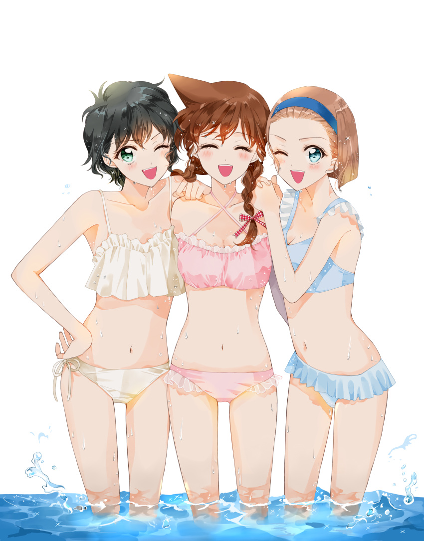 3girls :d ;d alternate_hairstyle arch_lapin bikini black_hair blue_bikini blue_eyes blue_hairband blush breasts closed_eyes commentary_request eyebrows_visible_through_hair frilled_bikini frills green_eyes hair_pulled_back hair_ribbon hair_up hairband hand_on_another's_shoulder hand_on_hip hands_together head_tilt highres interlocked_fingers leaning_forward light_brown_hair long_hair looking_at_viewer medium_breasts meitantei_conan mouri_ran multiple_girls navel one_eye_closed open_mouth pink_bikini red_ribbon ribbon sera_masumi short_hair side-tie_bikini simple_background smile sparkle splashing standing suzuki_sonoko swimsuit thighs twintails wading water wet white_background white_bikini