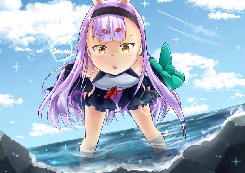 1girl animal_ears azur_lane bent_over black_skirt clouds commentary_request detached_sleeves hairband hands_on_hips highres iono_th long_hair looking_at_viewer miniskirt ocean open_mouth pink_hair rabbit_ears shimakaze_(azur_lane) shirt skirt sky solo wading water white_shirt yellow_eyes