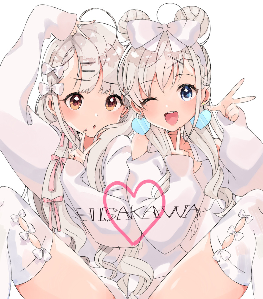 2girls :d :o absurdres ahoge bangs blue_eyes blush bow bow_legwear braid brown_eyes character_name commentary double_bun double_v earrings fumita_(humita322) hair_bow hair_down hair_ornament hair_ribbon hairclip heart heart_earrings highres hisakawa_hayate hisakawa_nagi idolmaster idolmaster_cinderella_girls jewelry long_hair long_sleeves looking_at_viewer multiple_girls one_eye_closed open_mouth pink_ribbon ribbon ringlets shirt shoulder_cutout siblings silver_hair simple_background sisters sitting sleeves_past_wrists smile thigh-highs twins upper_teeth v white_background white_bow white_legwear white_shirt
