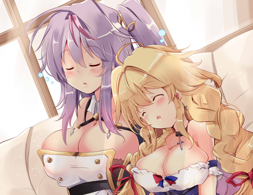 2girls ahoge azur_lane blonde_hair blush braid breasts cleavage closed_eyes collarbone commentary_request couch cross cross_necklace earrings grenville_(azur_lane) hair_ornament highres jewelry large_breasts le_temeraire_(azur_lane) long_hair multiple_girls necklace open_mouth purple_hair ribbon side_ponytail sleeping tonchinkan twin_braids window