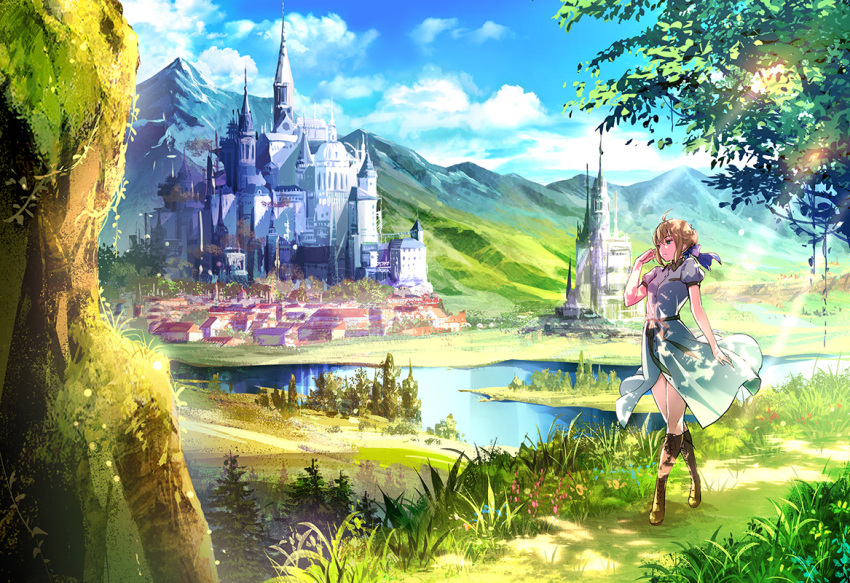 1girl ahoge artoria_pendragon_(all) bangs blonde_hair blue_bow blue_eyes blue_sky boots bow brown_footwear castle clouds cloudy_sky commentary_request cross-laced_footwear day dress eyebrows_visible_through_hair fate/stay_night fate_(series) grass hair_between_eyes hair_bow hand_up knee_boots lace-up_boots lake looking_away mountain outdoors puffy_short_sleeves puffy_sleeves saber scenery short_sleeves sidelocks sky solo standing suishougensou tower town tree water white_dress