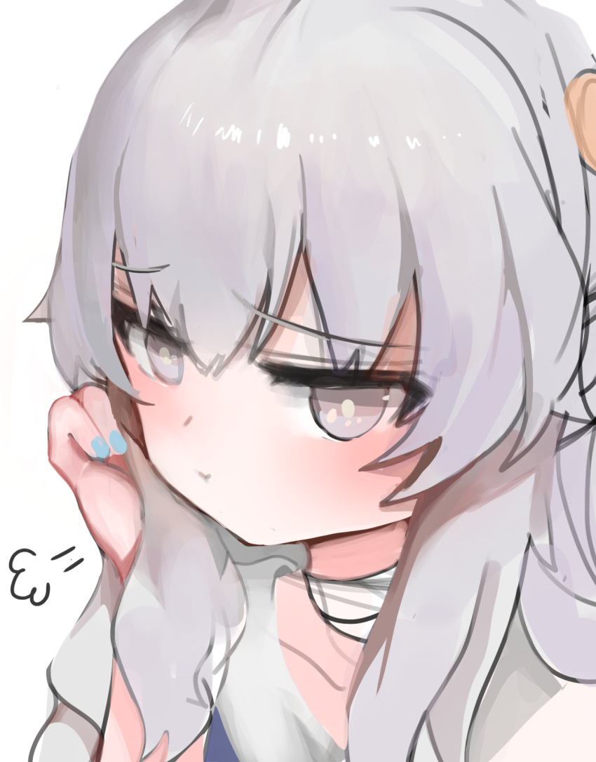 1girl :t arm_support bandaged_neck bangs blue_nails blush closed_mouth collarbone commentary_request dokomon eyebrows_visible_through_hair fingernails girls_frontline grey_eyes grey_hair hair_between_eyes hand_up highres korean_commentary long_hair looking_at_viewer nail_polish pout ribeyrolles_1918_(girls_frontline) shirt short_sleeves sigh simple_background sketch solo upper_body white_background white_shirt
