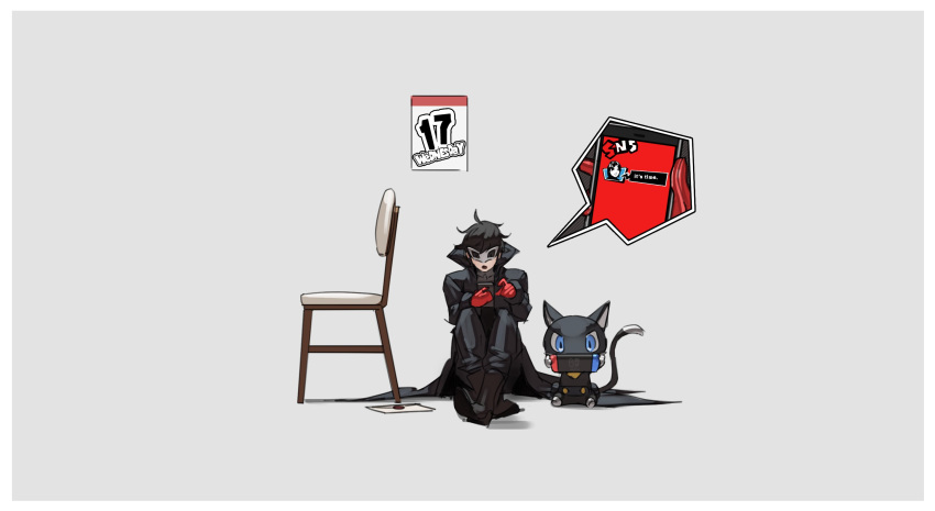 1boy amamiya_ren atlus black_hair blue_eyes boots calendar_(object) cat cellphone chair coat envelope gloves grey_background highres male_focus mask megami_tensei morgana_(persona_5) nin_nakajima nintendo nintendo_switch persona persona_5 phone playing_games real_life red_gloves sakurai_masahiro simple_background sitting smartphone speech_bubble super_smash_bros.