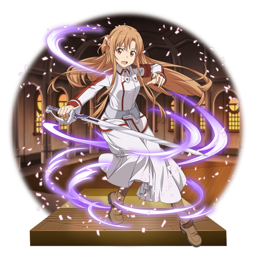 1girl :d asuna_(sao) boots braid brown_footwear brown_hair crown_braid floating_hair full_body hair_between_eyes highres holding holding_sword holding_weapon jacket long_hair long_skirt long_sleeves looking_at_viewer official_art open_mouth orange_eyes skirt smile solo sword sword_art_online transparent_background very_long_hair weapon white_jacket white_skirt