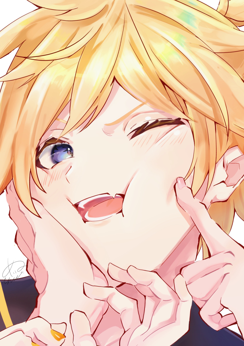 1boy absurdres annoyed blonde_hair blush cheek_poking cheek_press eyelashes fang hand_on_another's_cheek hand_on_another's_face hands_up highres inubangarou kagamine_len looking_at_viewer male_focus one_eye_closed open_mouth orange_nails out_of_frame poking portrait pov pov_hands short_hair signature simple_background skin_fang solo_focus tongue vocaloid white_background