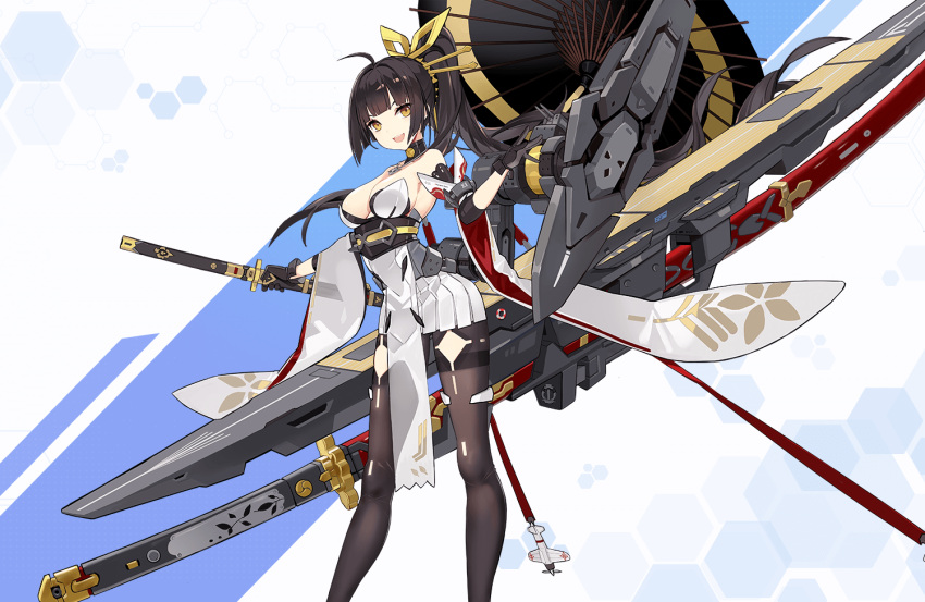 1girl :d ahoge akagi_(blue_vows) bangs bare_shoulders black_gloves black_legwear blue_vows blunt_bangs breasts cleavage contrapposto criin detached_collar detached_sleeves elbow_pads gloves hair_ornament high_ponytail katana medium_breasts obi official_art open_mouth oriental_umbrella pantyhose pelvic_curtain pleated_skirt ponytail rigging sash skirt smile solo standing sword thighband_pantyhose umbrella underbust weapon wide_sleeves yellow_eyes