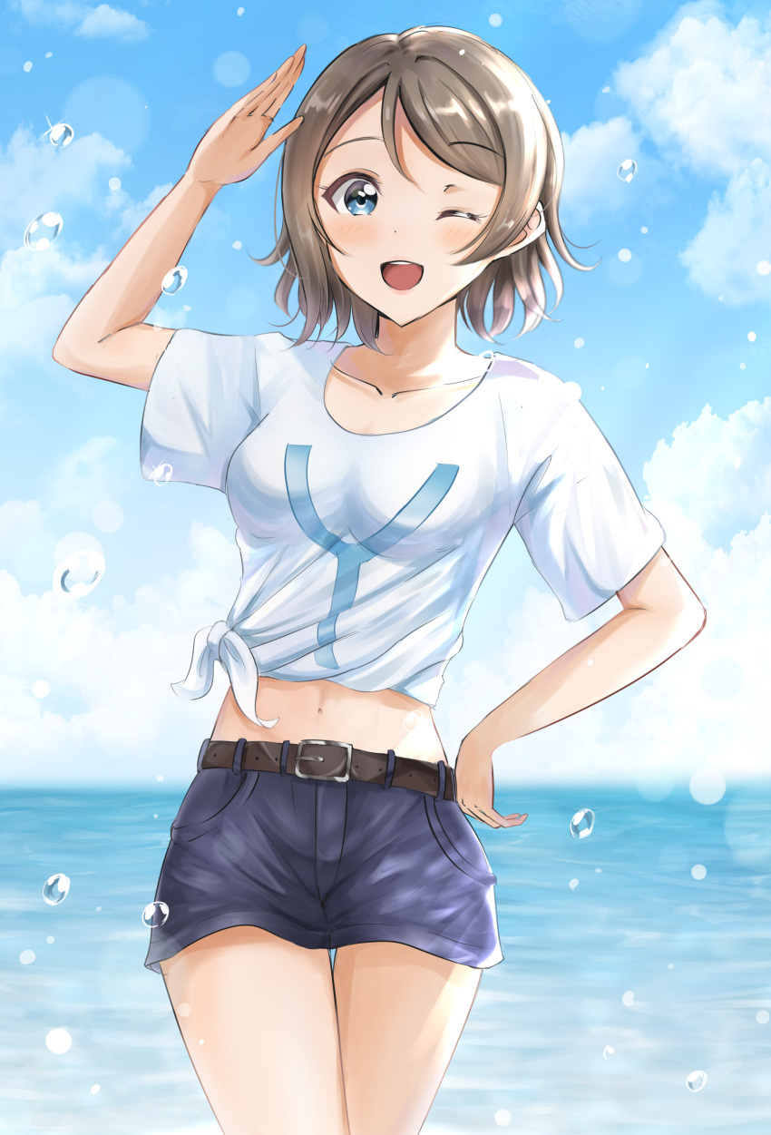 1girl ;d absurdres arm_up bangs belt belt_buckle blue_eyes blue_shorts blue_sky blush breasts brown_belt brown_hair buckle clouds cloudy_sky collarbone commentary_request day eyebrows_visible_through_hair highres horizon love_live! love_live!_sunshine!! midriff ocean one_eye_closed open_mouth outdoors print_shirt round_teeth salute shirt short_shorts short_sleeves shorts sin_(sin52y) sky small_breasts smile solo t-shirt teeth thigh_gap tied_shirt upper_teeth watanabe_you water water_drop white_shirt wide_sleeves