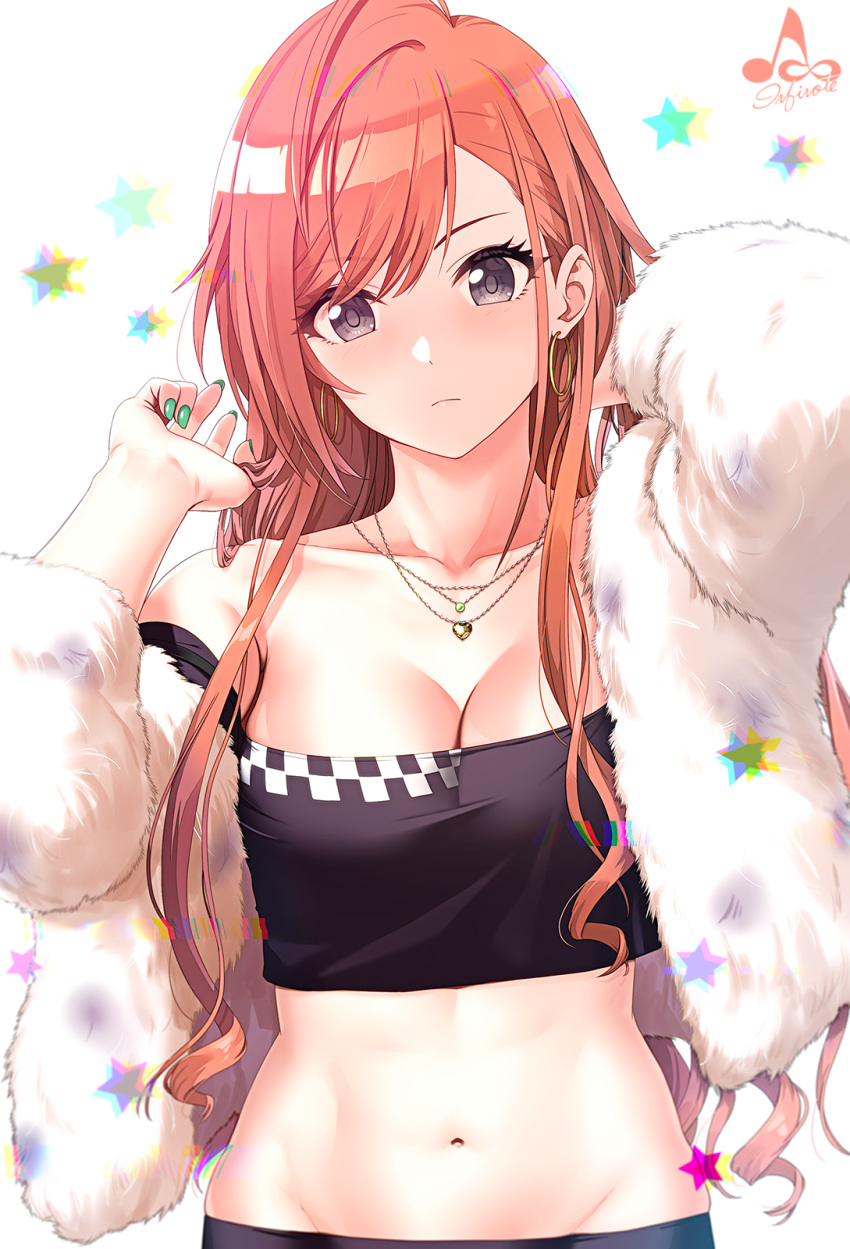 1girl arisugawa_natsuha arm_up artist_logo bangs bare_shoulders blush breasts chrysoberyl_(gemstone) citrine_(gemstone) cleavage closed_mouth collarbone commentary crop_top earrings eyebrows_visible_through_hair fur fur_jacket gem green_nails groin hand_up head_tilt highres hoop_earrings idolmaster idolmaster_shiny_colors infinote jacket jewelry long_hair looking_at_viewer medium_breasts midriff nail_polish navel necklace off_shoulder open_clothes open_jacket redhead ringlets sidelocks signature solo stomach violet_eyes white_jacket
