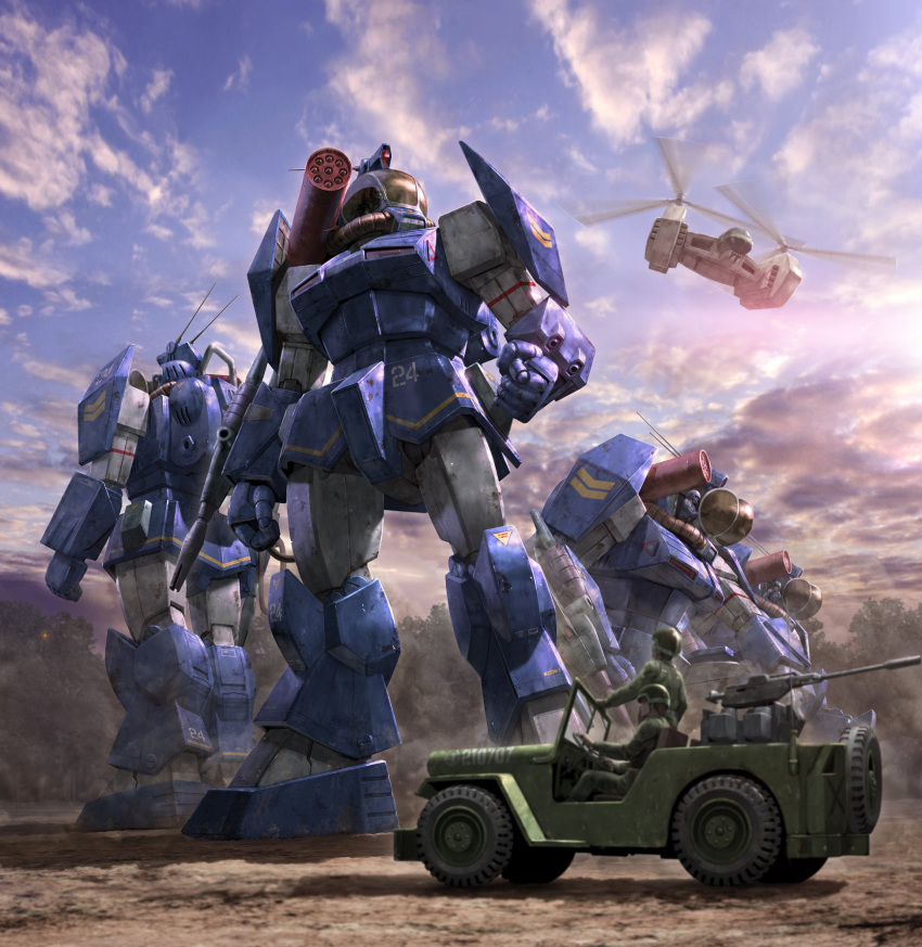 aircraft clenched_hands clouds commentary_request day forest ground_vehicle gun helicopter helmet highres jeep mecha military military_uniform missile_pod morishita_naochika motor_vehicle nature official_art outdoors soltic_h8rf_roundfacer_kolchima_special taiyou_no_kiba_dougram tree uniform weapon
