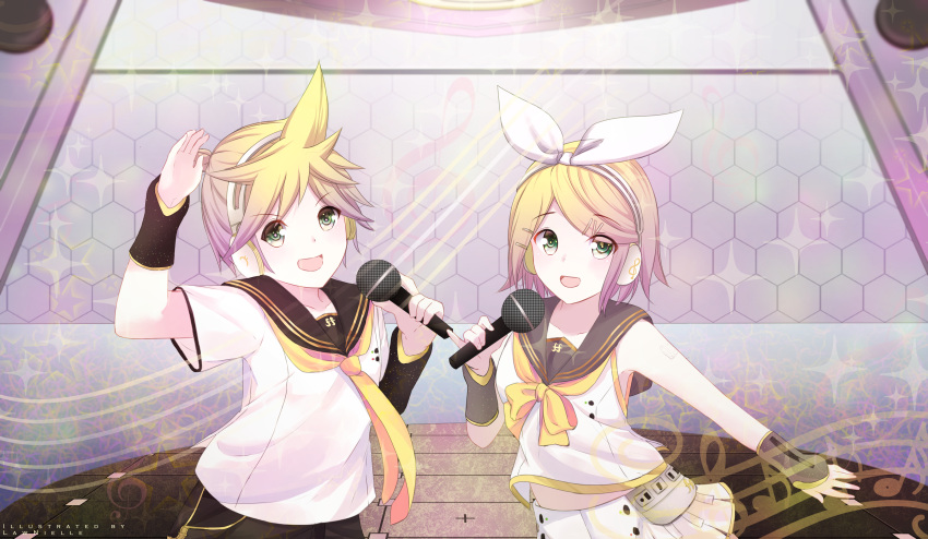 1boy 1girl absurdres bangs black_sailor_collar black_shorts black_sleeves blonde_hair brother_and_sister collarbone detached_sleeves eyebrows_visible_through_hair green_eyes hair_ornament hairband hairclip highres holding holding_microphone kagamine_len kagamine_rin lawnielle looking_at_viewer microphone midriff miniskirt necktie pleated_skirt sailor_collar shirt short_hair short_sleeves shorts siblings skirt sleeveless sleeveless_shirt stage stomach swept_bangs vocaloid white_hairband white_shirt white_skirt yellow_neckwear