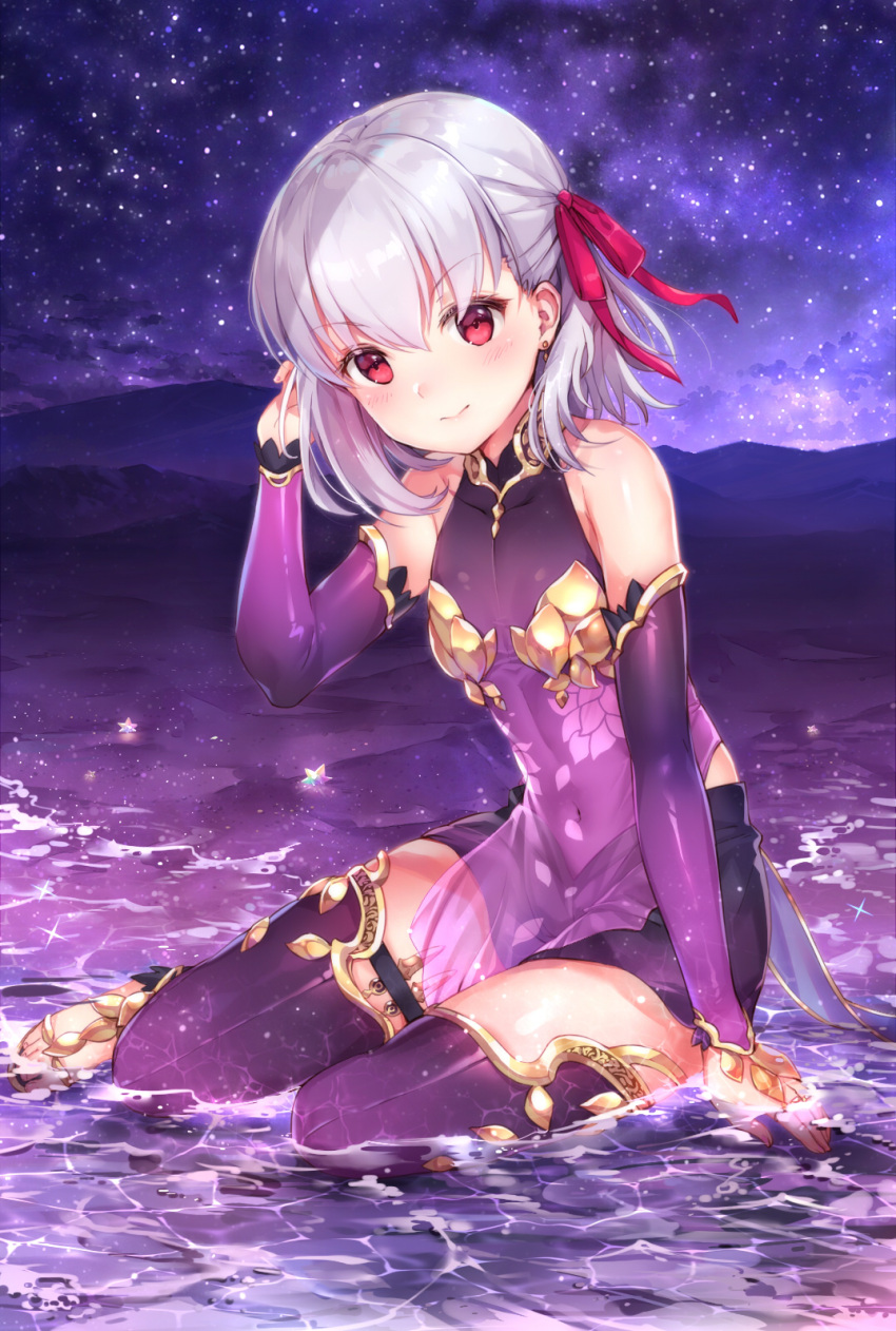 1girl arm_support bangs bare_shoulders black_skirt collarbone covered_navel detached_sleeves dress earrings fate/grand_order fate_(series) hair_ribbon hand_up highres jewelry kama_(fate/grand_order) looking_at_viewer miniskirt mountain night night_sky outdoors purple_dress purple_legwear red_eyes red_ribbon ribbon short_hair skirt sky smile solo star_(sky) starry_sky taro_(ultrataro) v-shaped_eyebrows water white_hair