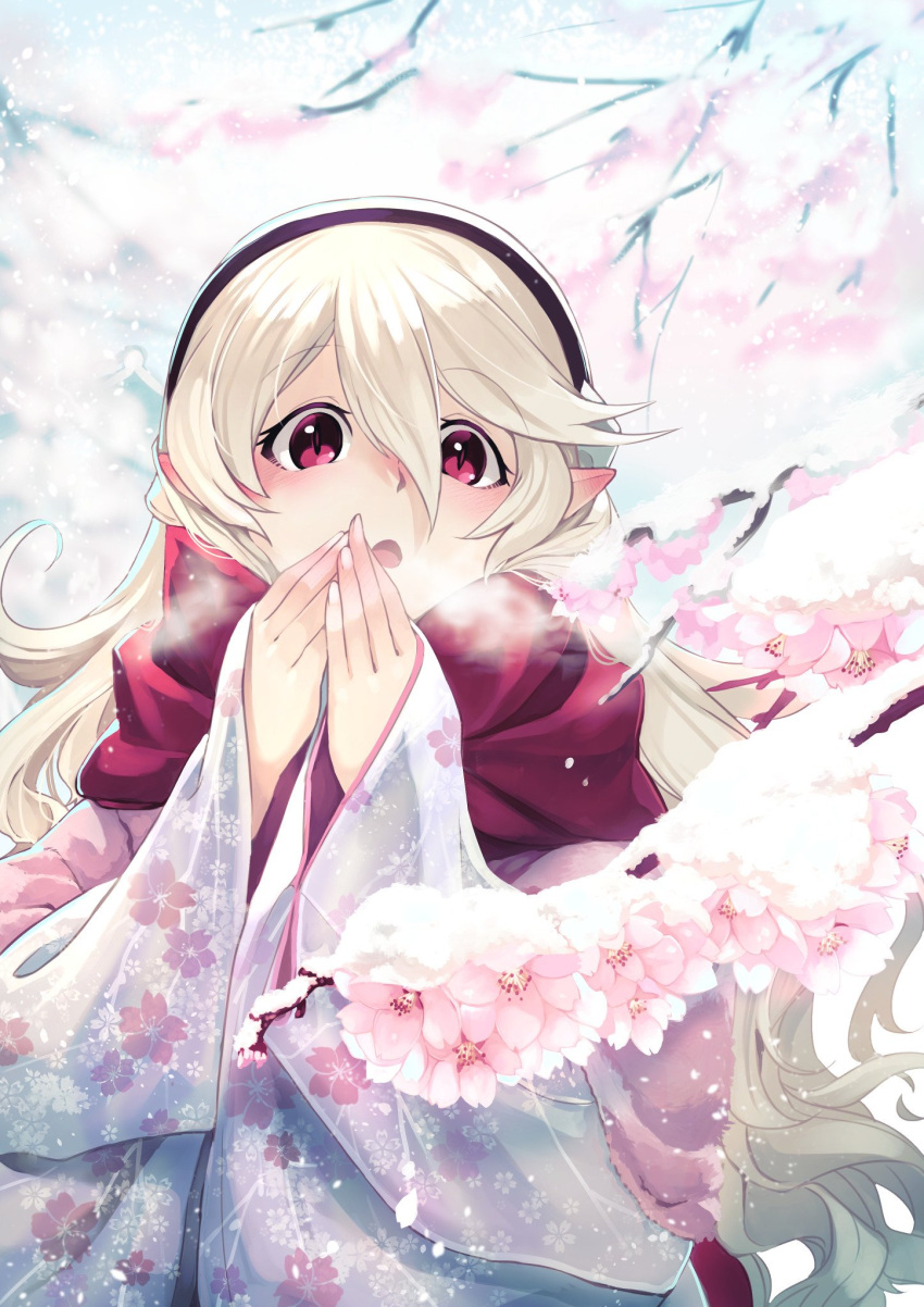 1girl blush cherry_blossoms female_my_unit_(fire_emblem_if) fire_emblem fire_emblem_if gloves hairband highres long_hair looking_at_viewer mamkute my_unit_(fire_emblem_if) nakabayashi_zun nintendo petals pointy_ears red_eyes scarf silver_hair simple_background snow solo white_hair winter winter_clothes