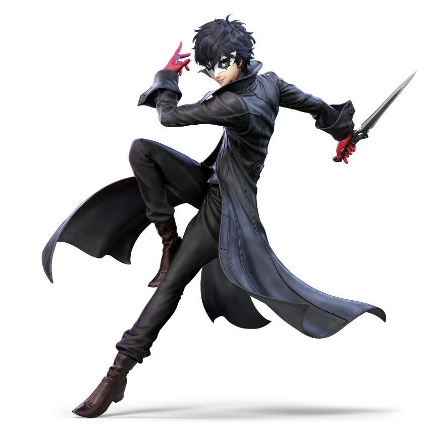 1boy 3d absurdres amamiya_ren atlus black_hair boots brown_footwear gloves highres holding holding_knife knife male_focus mask megami_tensei nintendo official_art pants persona persona_5 red_gloves reverse_grip smile super_smash_bros. super_smash_bros._ultimate trench_coat