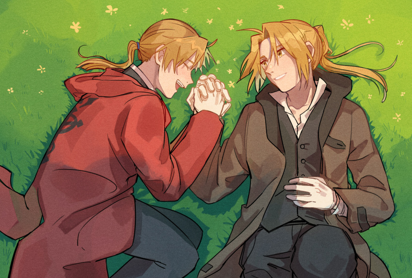 2boys :d ^_^ alphonse_elric backlighting black_pants brothers brown_coat buttons closed_eyes closed_eyes coat conqueror_of_shambala dress_shirt edward_elric esu_(825098897) feet_out_of_frame flamel_symbol flower fullmetal_alchemist gloves grass hand_holding happy highres interlocked_fingers light_smile looking_at_another lying male_focus multiple_boys nature on_back on_side open_mouth pants ponytail profile red_coat shadow shirt siblings smile vest white_gloves white_shirt yellow_eyes yellow_flower