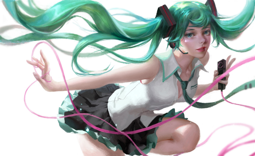 1girl black_skirt eyelashes facial_mark floating_hair green_eyes green_hair hatsune_miku headset highres holding lips long_hair looking_at_viewer necktie nose pleated_skirt shirt simple_background skirt sleeveless sleeveless_shirt solo twintails very_long_hair vocaloid white_background y_xun