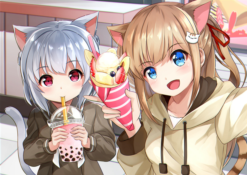 2girls :d animal_ear_fluff animal_ears bangs blue_eyes blush brown_dress brown_hair brown_hoodie cat_ears cat_girl cat_hair_ornament cat_tail collared_dress commentary_request cup disposable_cup drawstring dress drinking drinking_straw eyebrows_visible_through_hair fingernails food hair_between_eyes hair_ornament hair_ribbon highres holding holding_cup holding_food hood hood_down long_hair long_sleeves multiple_girls one_side_up open_mouth original outstretched_arm reaching_out red_eyes red_ribbon ribbon self_shot silver_hair smile sora_(silent_square) tail very_long_hair