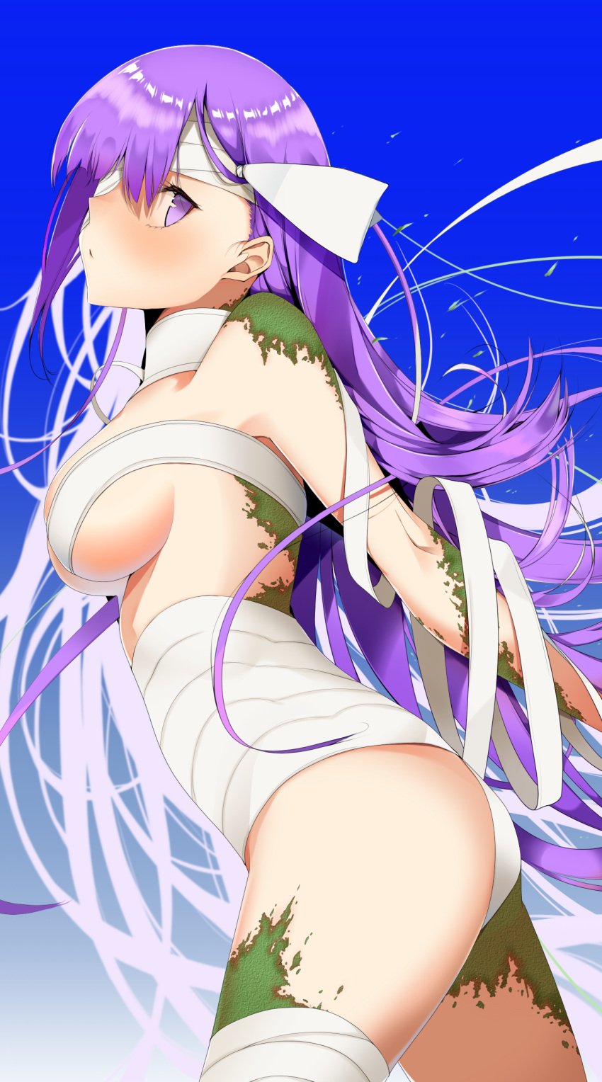1girl absurdres bandage bandage_over_one_eye bandaged_leg bandages blue_background blush breasts cowboy_shot fate/grand_order fate_(series) floating_hair from_side gradient gradient_background hair_between_eyes head_tilt highres kingprotea long_hair medium_breasts naked_bandage naked_ribbon nue0 purple_hair ribbon sideboob solo standing very_long_hair violet_eyes