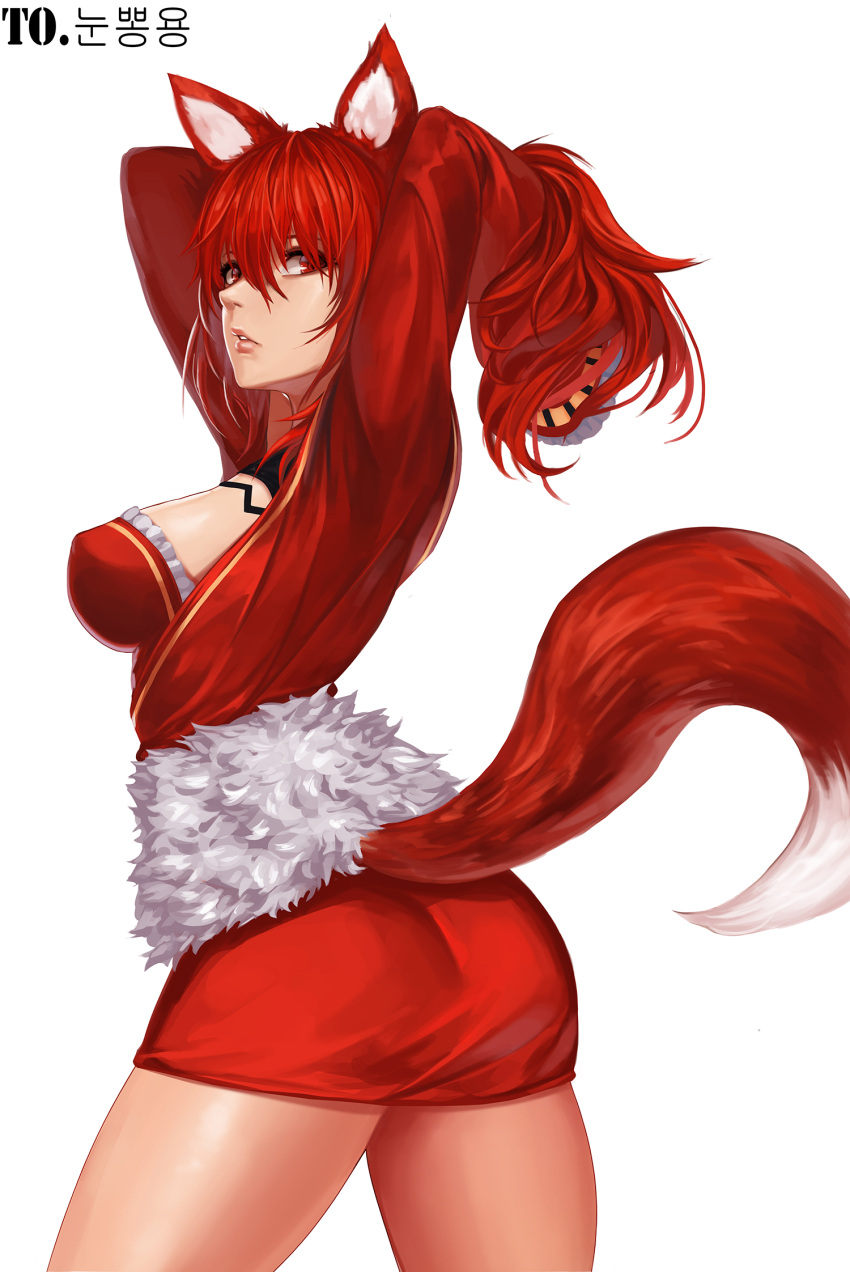 1girl animal_ears arms_up ass bangs breasts cat_ears commission cowboy_shot dress dungeon_and_fighter frilled_sleeves frills hair_between_eyes highres kibellin large_breasts long_sleeves looking_at_viewer parted_lips ponytail red_dress red_eyes redhead sidelocks simple_background solo tail thighs white_background