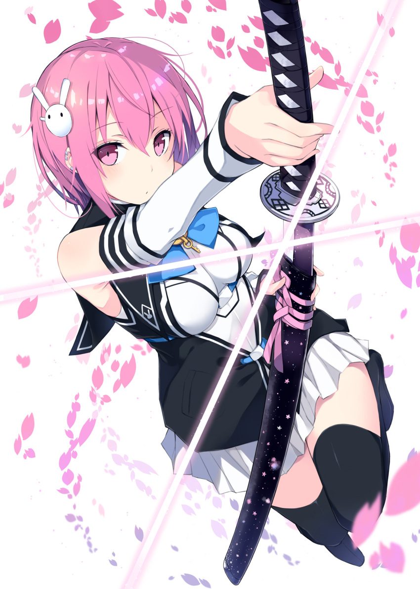 1girl absurdres black_legwear blue_neckwear bunny_hair_ornament ear_piercing hair_ornament highres holding holding_sword holding_weapon katana kurebayashi_noe piercing pink_eyes pink_hair pleated_skirt skirt solo sword tagme thigh-highs weapon white_skirt