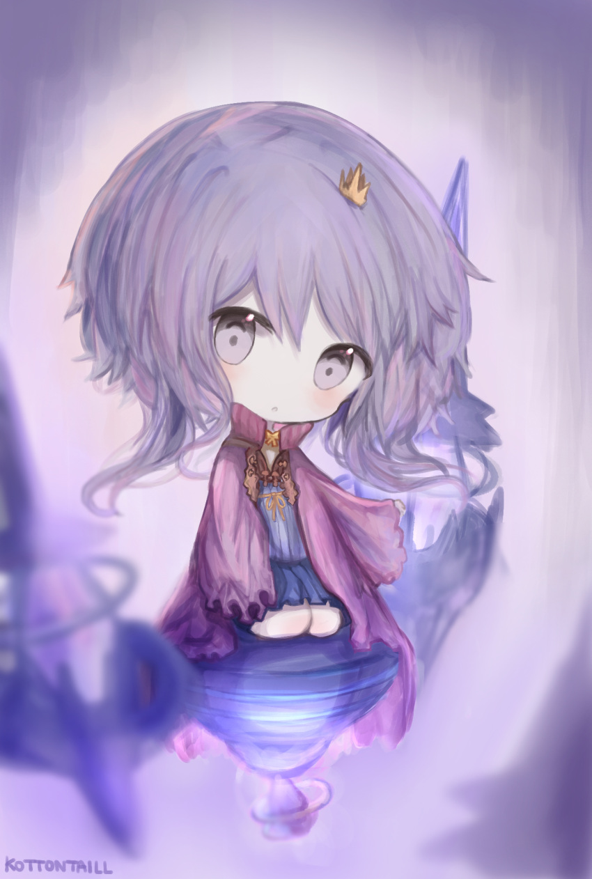 1girl :o artist_name bangs blue_dress blurry blurry_foreground blush chibi commentary_request cottontailtokki crown depth_of_field dress eyebrows_visible_through_hair hair_between_eyes head_tilt highres long_hair long_sleeves looking_at_viewer mini_crown open_clothes open_robe parted_lips pleated_dress purple_hair purple_robe robe seiza shadowverse shingeki_no_bahamut signature sitting sleeves_past_fingers sleeves_past_wrists solo spinaria_(shingeki_no_bahamut) tilted_headwear very_long_hair violet_eyes wide_sleeves