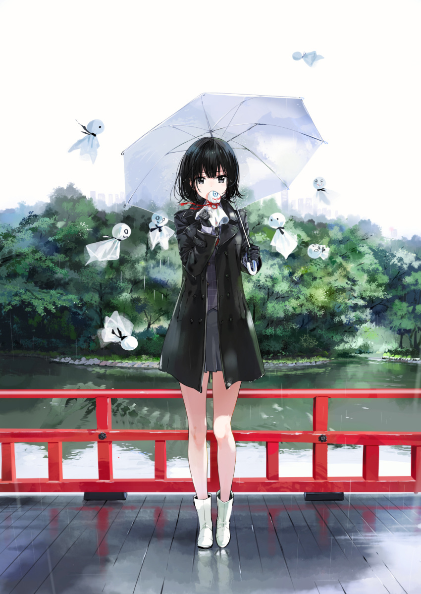 1girl bangs black_coat black_eyes black_gloves black_hair blunt_bangs boots bridge coat full_body gloves grey_skirt highres lake looking_at_viewer necktie original plaid plaid_vest pleated_skirt rain red_neckwear red_ribbon reflection ribbon rubber_boots school_uniform short_hair skirt sky solo standing teruterubouzu tiv tree trench_coat umbrella vest white_footwear