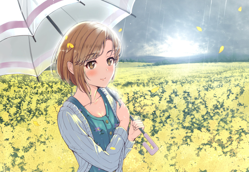 1girl aiba_yumi blush breasts brown_eyes brown_hair cardigan cleavage clouds cloudy_sky collarbone eyebrows_visible_through_hair field flower flower_field fumiya-taketatsu grey_cardigan holding holding_umbrella idolmaster idolmaster_cinderella_girls open_cardigan open_clothes outdoors petals rain ribbed_cardigan sky small_breasts smile solo umbrella upper_body yellow_flower