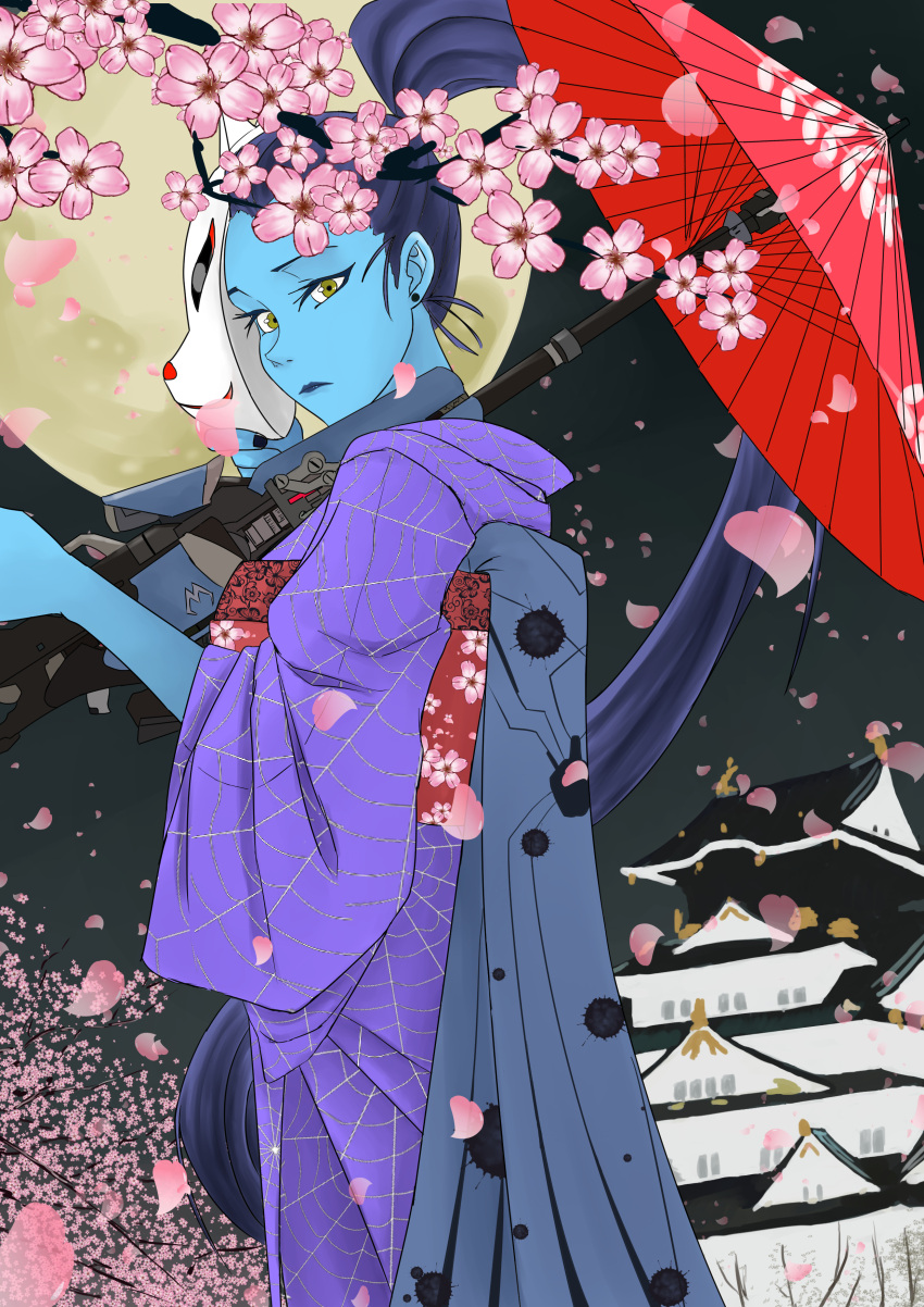 1girl absurdres alternate_skin_color architecture black_lipstick black_nails blue_skin cherry_blossoms east_asian_architecture fox_mask green_eyes gun high_ponytail highres holding holding_umbrella japanese_clothes kimono lipstick long_hair looking_at_viewer makeup mask nail_polish oriental_umbrella over_shoulder overwatch purple_hair rifle sniper_rifle solo spider_web_print umbrella very_long_hair weapon weapon_over_shoulder widowmaker_(overwatch) xiao_hei_dou