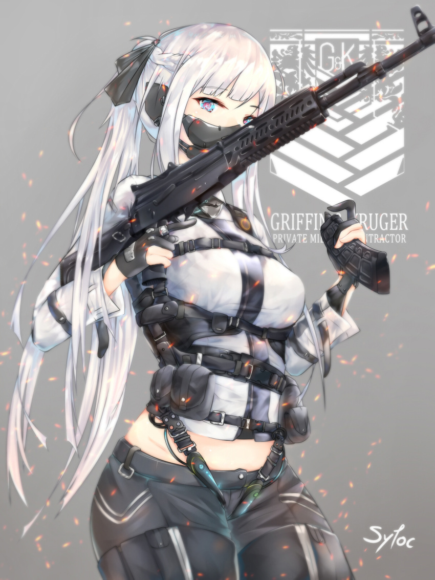 1girl ak-12 ak-12_(girls_frontline) artist_request english_text face_mask fingerless_gloves girls_frontline gloves grifon&amp;kryuger gun highres holster long_hair looking_at_viewer magazine_(weapon) mask military multicolored multicolored_eyes ponytail pouch reloading tactical_clothes tom_clancy's_the_division weapon white_hair