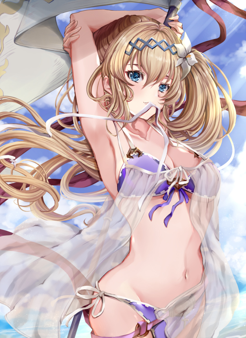 1girl armpits arms_up bangs bare_shoulders bikini blonde_hair blue_eyes blue_sky blush breasts cleavage collarbone commentary_request cowboy_shot floating_hair flower granblue_fantasy hair_between_eyes hair_flower hair_ornament hairband highres hinahino jeanne_d'arc_(granblue_fantasy) large_breasts long_hair looking_at_viewer medium_breasts navel outdoors purple_bikini see-through sidelocks sky smile solo swimsuit very_long_hair wind