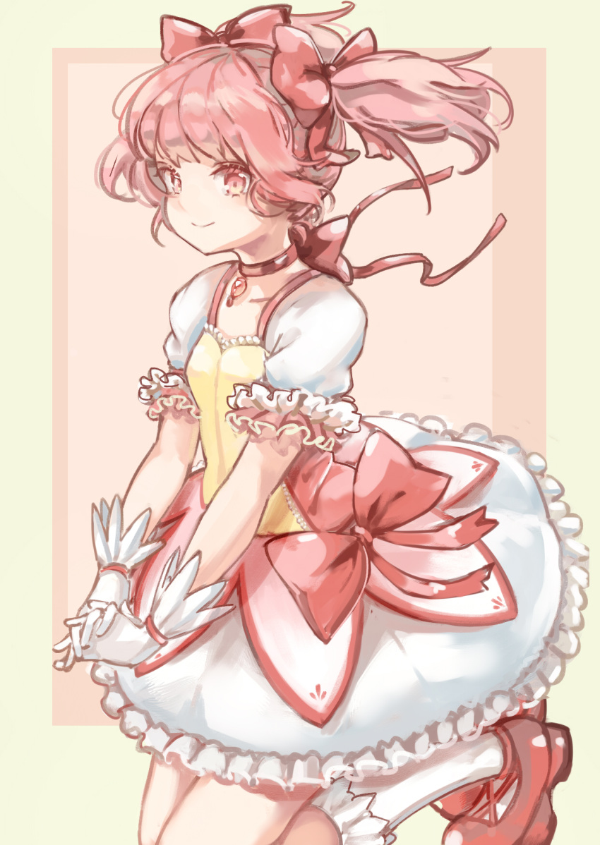 1girl back_bow bangs bow bow_choker bubble_skirt choker dress floating_hair frilled_skirt frilled_sleeves frills full_body gem gloves hair_bow hands_together highres interlocked_fingers kaname_madoka knees_out_of_frame looking_at_viewer magical_girl mahou_shoujo_madoka_magica pink_background pink_bow pink_choker pink_dress pink_eyes pink_footwear pink_hair pink_theme puffy_short_sleeves puffy_sleeves red_bow shoes short_hair short_sleeves short_twintails skirt smile socks solo turn_zhuan twintails two-tone_background v_arms white_gloves white_skirt