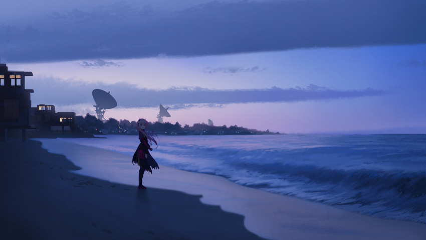 1girl bangs beach black_coat cityscape clouds cloudy_sky dusk eyebrows_visible_through_hair floating_hair full_body girls_frontline gloves hair_between_eyes headgear highres long_hair looking_at_viewer m4_sopmod_ii_(girls_frontline) multicolored_hair ocean open_mouth outdoors pink_hair red_eyes redhead sand satellite_dish scenery sidelocks sky smile solo standing streaked_hair torn_coat waves wind zi_ye_(hbptcsg2)