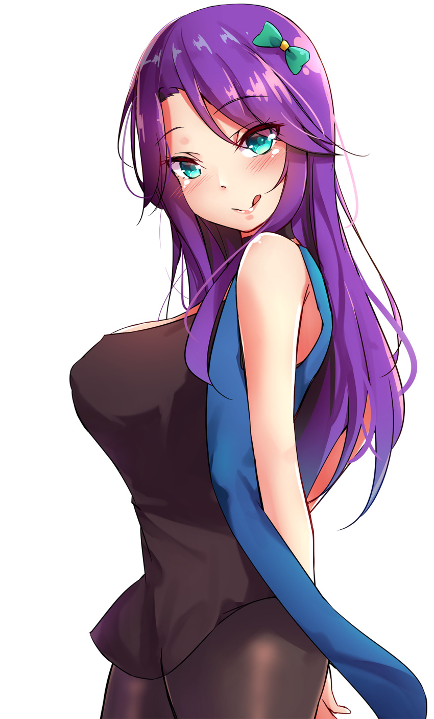 1girl abigail_(stardew_valley) aqua_bow aqua_eyes arms_behind_back bare_shoulders black_choker black_dress black_legwear blush bow breasts choker closed_mouth cowboy_shot dress erect_nipples eyebrows_visible_through_hair eyes_visible_through_hair from_side hair_bow highres large_breasts long_hair looking_at_viewer mistynight pantyhose purple_hair short_dress sleeveless_duster smile solo stardew_valley tongue tongue_out