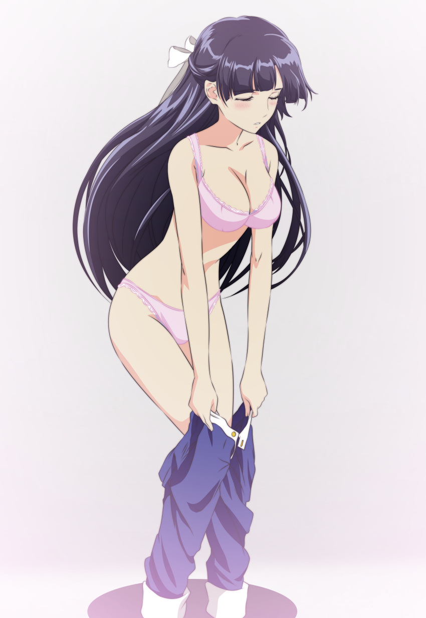 1girl absurdres black_hair blue_pants blush bra breasts cleavage closed_eyes collarbone dressing full_body grey_background hair_ribbon highres huge_filesize kakumeiki_valvrave long_hair medium_breasts panties pants parted_lips pink_bra pink_panties ribbon rukino_saki simple_background solo standing underwear underwear_only very_long_hair white_ribbon