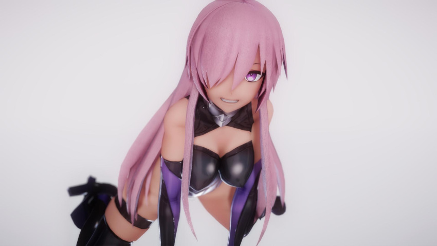 1girl 3d bare_shoulders black_gloves black_legwear black_leotard breasts cleavage cleavage_cutout elbow_gloves fate/grand_order fate_(series) gloves hair_over_one_eye highres large_breasts lavender_hair leotard long_hair looking_at_viewer mash_kyrielight mmn_(no_tepad) navel navel_cutout purple_hair shiny shiny_clothes solo thigh_strap violet_eyes