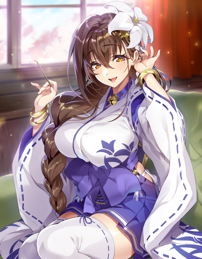 1girl bangs bell blue_ribbon blue_skirt blush bracelet braid breasts brown_eyes brown_hair commentary_request couch curtains day eyebrows_visible_through_hair flower gan_(shanimuni) hair_between_eyes hair_flower hair_ornament hair_over_shoulder hakama_skirt highres hip_vent holding indoors japanese_clothes jewelry jingle_bell kanpani_girls large_breasts lily_(flower) lips long_hair long_sleeves looking_at_viewer mimikaki mole mole_under_eye open_mouth panties ribbon ribbon-trimmed_legwear ribbon-trimmed_sleeves ribbon_trim shiny shiny_hair shirayuri_sakura side-tie_panties single_braid sitting skirt smile solo thigh-highs underwear very_long_hair white_flower white_legwear white_panties wide_sleeves window zettai_ryouiki
