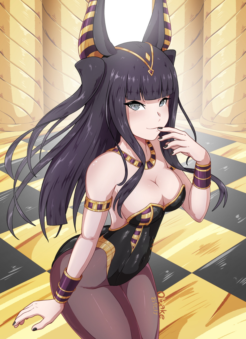 1girl animal_ears armlet artist_name bangs bare_shoulders black_hair black_nails bracelet breasts checkered checkered_floor cleavage fake_animal_ears fingernails fire_emblem fire_emblem:_kakusei fire_emblem_heroes hair_ornament hand_up highres indoors jackal_ears jewelry leotard long_hair looking_at_viewer medium_breasts nail_polish nintendo obakeart pantyhose shiny shiny_skin signature smile solo strapless strapless_leotard tharja