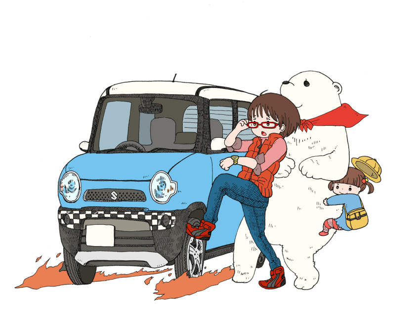 2girls back_to_the_future bear brown_hair child commentary fire glasses hat hug jacket kindergarten_uniform multiple_girls original parody polar_bear red-framed_eyewear school_hat suzuki twintails vehicle_request watch watch white_background yukimoto_shuuji_(gurigura)