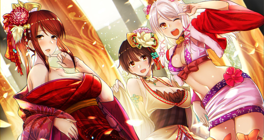 3girls akai_kagerou bangs bare_shoulders blush breasts brown_eyes brown_hair cleavage collarbone eve_santaclaus eyebrows_visible_through_hair hair_ornament hand_up highres idolmaster idolmaster_cinderella_girls japanese_clothes jewelry kimono large_breasts long_hair looking_at_viewer medium_breasts mifune_miyu multiple_girls navel off_shoulder oikawa_shizuku one_eye_closed open_mouth ponytail sidelocks smile white_hair yellow_eyes