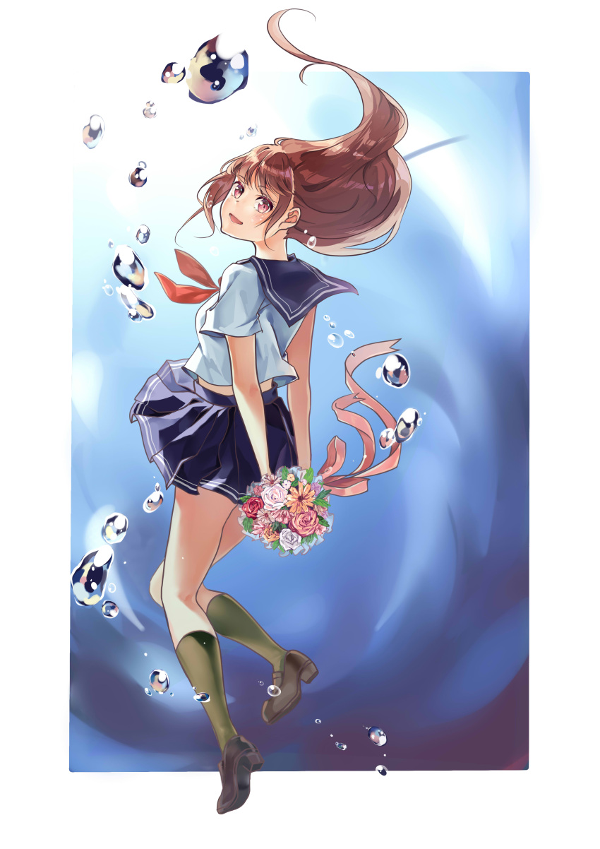 1girl :d absurdres blue_sailor_collar blue_skirt bouquet brown_eyes brown_footwear brown_hair floating_hair flower full_body green_legwear highres holding holding_bouquet kneehighs long_hair looking_at_viewer looking_back miniskirt mr_mizururi neckerchief open_mouth original pink_flower pink_ribbon pleated_skirt red_neckwear ribbon sailor_collar shirt short_sleeves skirt smile solo very_long_hair white_background white_flower white_shirt yellow_flower