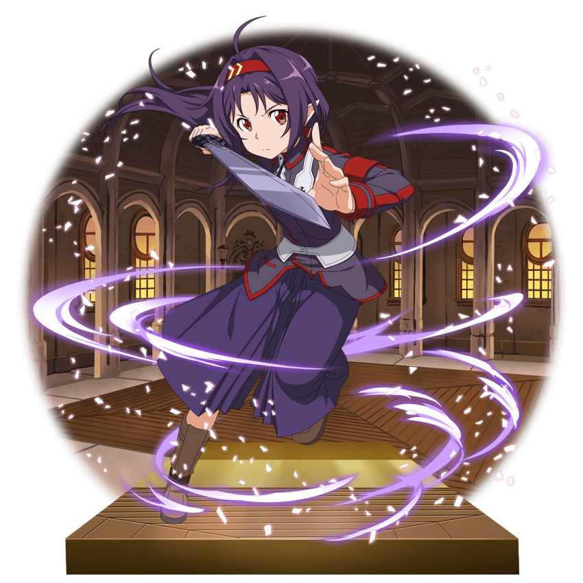 1girl ahoge boots brown_footwear floating_hair hairband hakama highres holding holding_sword holding_weapon jacket japanese_clothes leg_up long_hair long_sleeves looking_at_viewer official_art pointy_ears purple_hair purple_hakama purple_jacket red_eyes red_hairband solo sword sword_art_online transparent_background very_long_hair weapon yuuki_(sao)