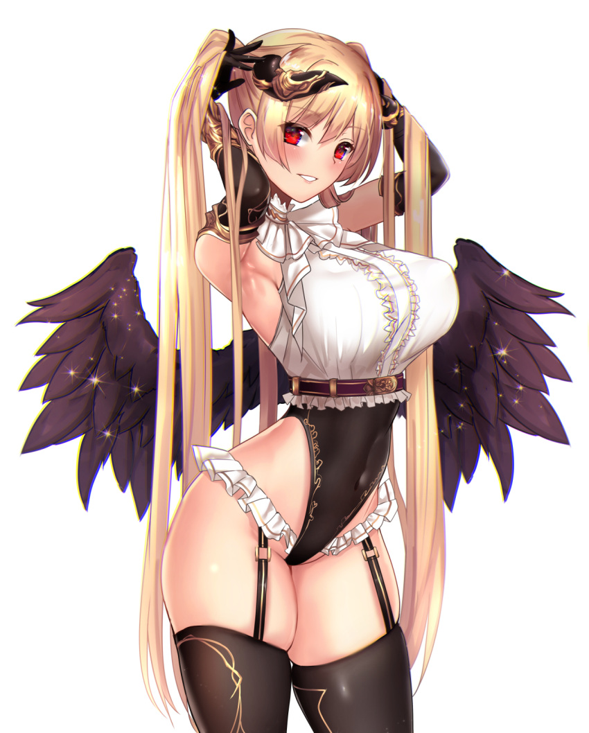 1girl angel_wings armpits bangle bangs black_gloves black_legwear black_leotard black_wings blouse blush bracelet breasts collared_blouse commentary_request covered_navel cowboy_shot demon_horns elbow_gloves eyebrows_visible_through_hair fallen_angel feathers garter_belt gloves gold gold_trim groin hands_up highleg highleg_leotard highres horns jewelry large_breasts leotard long_hair looking_at_viewer neck_ribbon original parted_lips red_eyes red_ribbon ribbon short_sleeves sidelocks simple_background skindentation smile solo thigh-highs thighs twintails underbust untsue very_long_hair white_background white_blouse wings