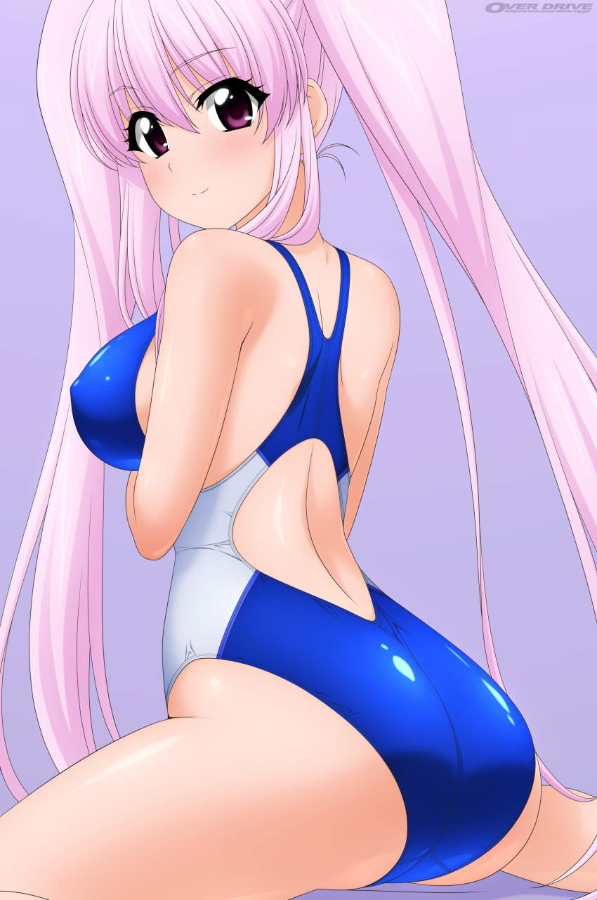 1girl absurdres ass blue_swimsuit breasts competition_swimsuit from_behind grey_background highres large_breasts long_hair looking_at_viewer one-piece_swimsuit original pink_hair simple_background sitting smile solo sugimura_tomokazu swimsuit twintails violet_eyes wariza
