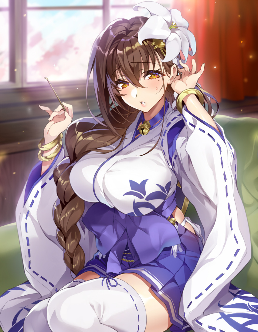 1girl bangs bell blue_ribbon blue_skirt blush bracelet braid breasts brown_eyes brown_hair commentary_request couch curtains day eyebrows_visible_through_hair flower gan_(shanimuni) hair_between_eyes hair_flower hair_ornament hair_over_shoulder hakama_skirt highres hip_vent holding indoors japanese_clothes jewelry jingle_bell kanpani_girls large_breasts lily_(flower) lips long_hair long_sleeves looking_at_viewer mimikaki mole mole_under_eye panties parted_lips ribbon ribbon-trimmed_legwear ribbon-trimmed_sleeves ribbon_trim shiny shiny_hair shirayuri_sakura side-tie_panties single_braid sitting skirt smile solo thigh-highs underwear very_long_hair white_flower white_legwear white_panties wide_sleeves window zettai_ryouiki