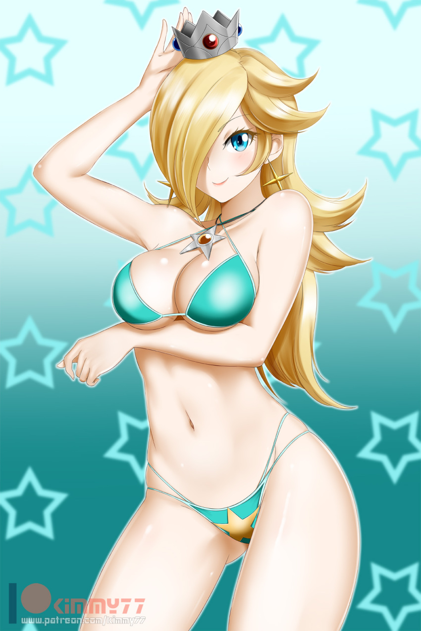 1girl alfred_cullado aqua_bikini arm_up bikini blonde_hair blue_eyes breasts cleavage collarbone cowboy_shot crown curly_hair earrings floating_hair gradient gradient_background highres jewelry long_hair looking_at_viewer super_mario_bros. medium_breasts mini_crown multi-strapped_bikini necklace nintendo patreon_logo rosalina shiny shiny_hair shiny_skin smile solo standing super_mario_galaxy swimsuit under_boob very_long_hair watermark