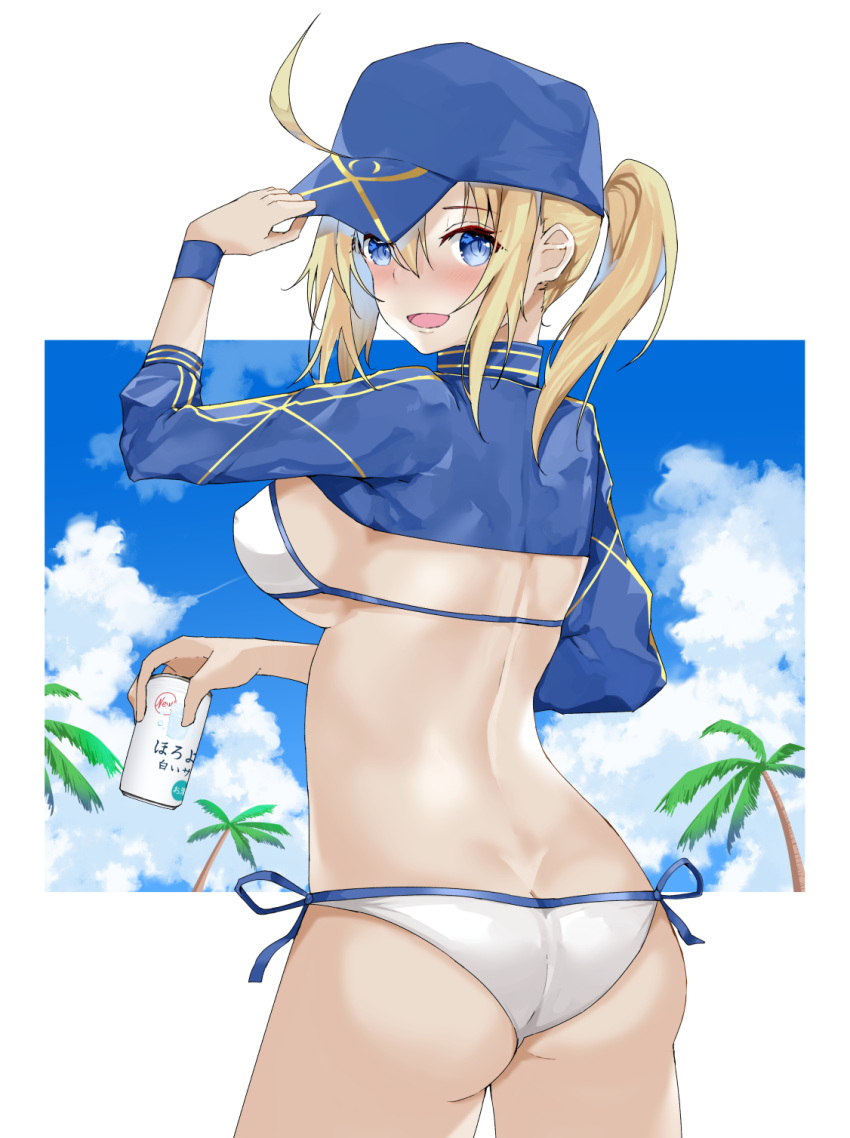 1girl ahoge artoria_pendragon_(all) ass baseball_cap bikini blonde_hair blue_eyes blue_headwear blue_sky can clouds cowboy_shot cropped_jacket fate/grand_order fate_(series) from_behind hair_between_eyes hair_through_headwear hat highres mysterious_heroine_xx_(foreigner) open_mouth palm_tree ponytail shrug_(clothing) side-tie_bikini sky soda_can solo swimsuit tree tukise_33 white_bikini wristband