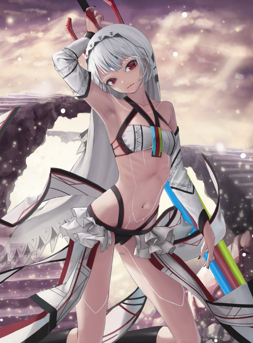 1girl absurdres altera_(fate) armpits bare_shoulders black_legwear black_nails black_panties breasts closed_mouth clouds cloudy_sky commentary_request dark_skin detached_sleeves fate/extella fate/extra fate/grand_order fate_(series) full_body_tattoo headdress highres holding holding_weapon nail_polish navel nekobell panties red_eyes revealing_clothes sky small_breasts tan tattoo thighs underwear veil weapon white_hair